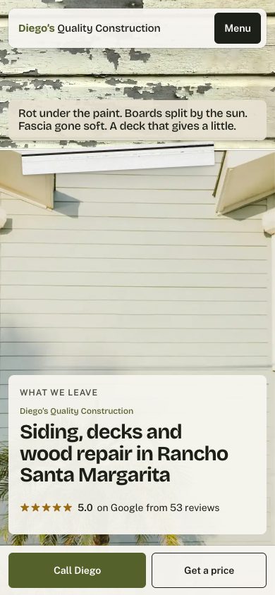 The same homepage on a phone: a strip of peeling siding across the top, the finished house below it, and the headline, the rating and the call button stacked in thumb reach.