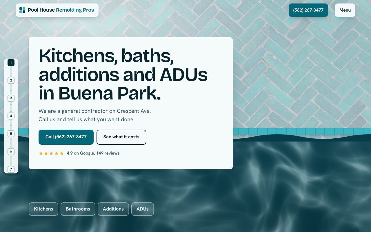 The Pool House Remolding Pros homepage on a laptop: a drawn wall of aqua pool tile above a band of rippling water, with a white panel carrying the headline Kitchens, baths, additions and ADUs in Buena Park and a call button.